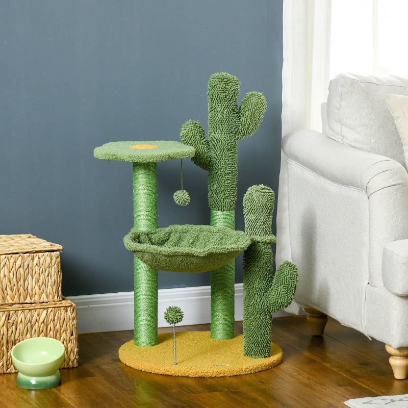 Green Chenille Cactus Cat Tree - 82cm Height with Scratching Post & Hammock