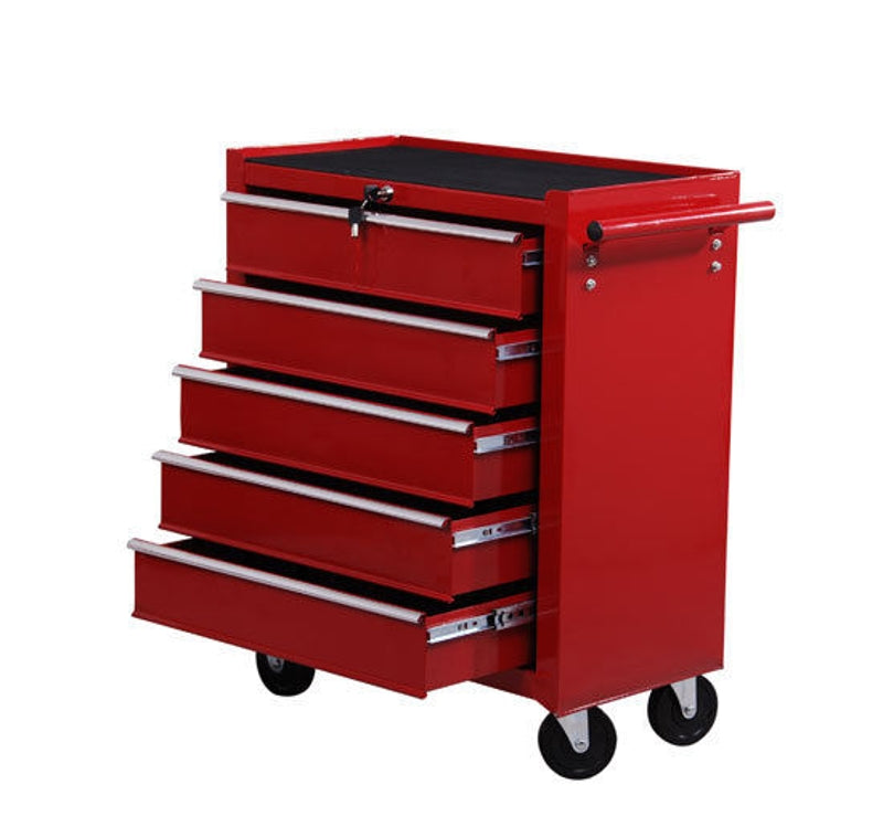 Red 5-Drawer Lockable Steel Tool Chest on Wheels with Side Handle