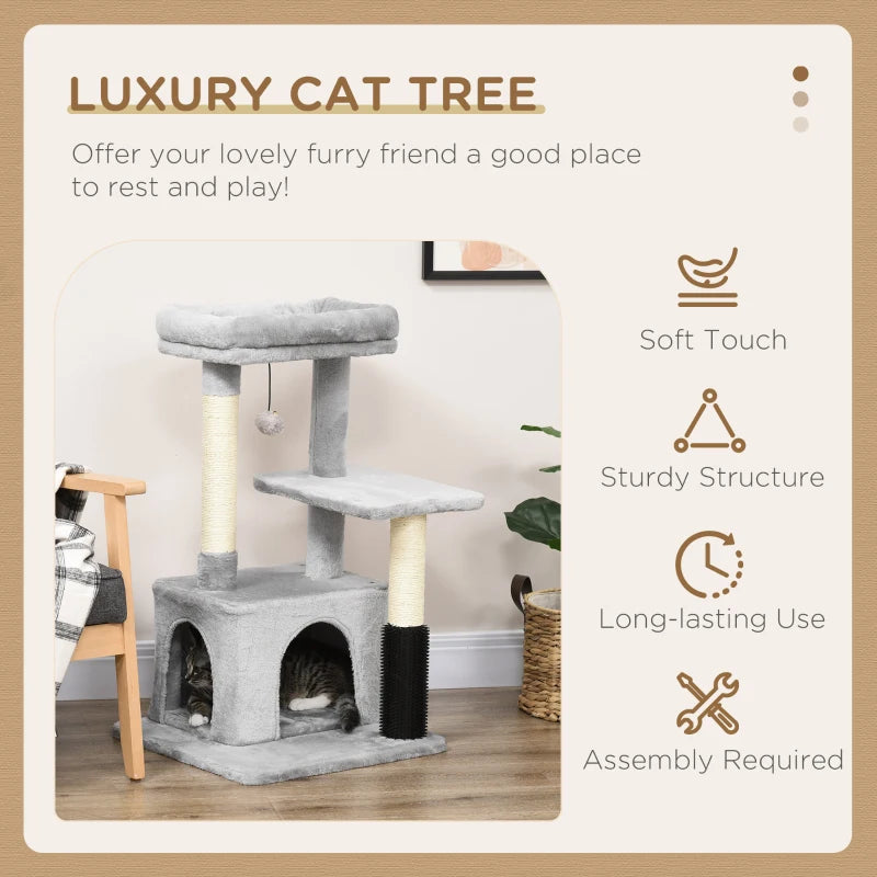 Grey Cat Climbing Tower with Scratching Post & Toys - 48x48x85cm