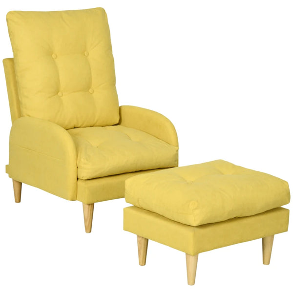Yellow Upholstered Recliner Armchair Set with Footstool