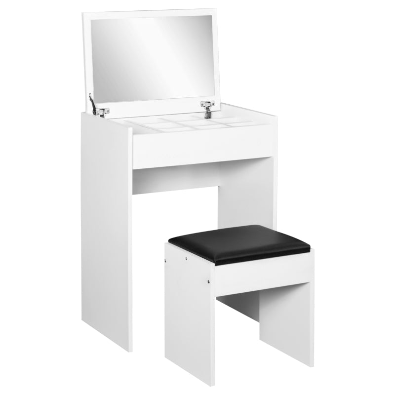 White Vanity Set with Flip-up Mirror and Padded Stool