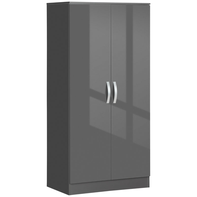 Grey High Gloss 2-Door Wardrobe with Hanging Rod and Storage Shelf