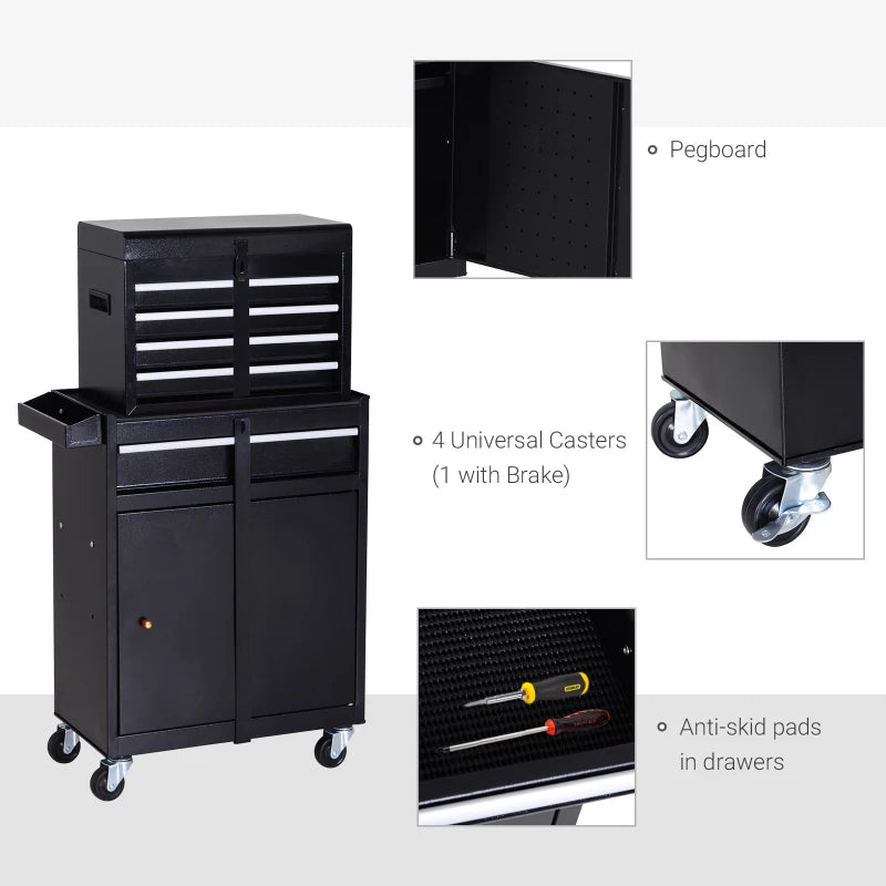 Black Metal Tool Cabinet with 5 Drawers and Pegboard - 60x28x104.5cm