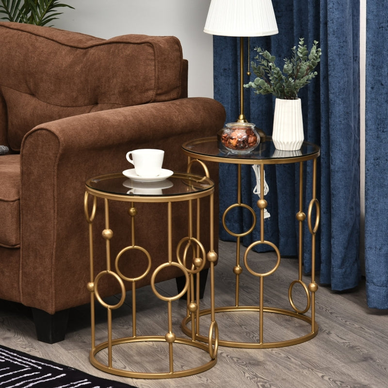 Gold Round Nesting Coffee Tables Set of 2 with Glass Top