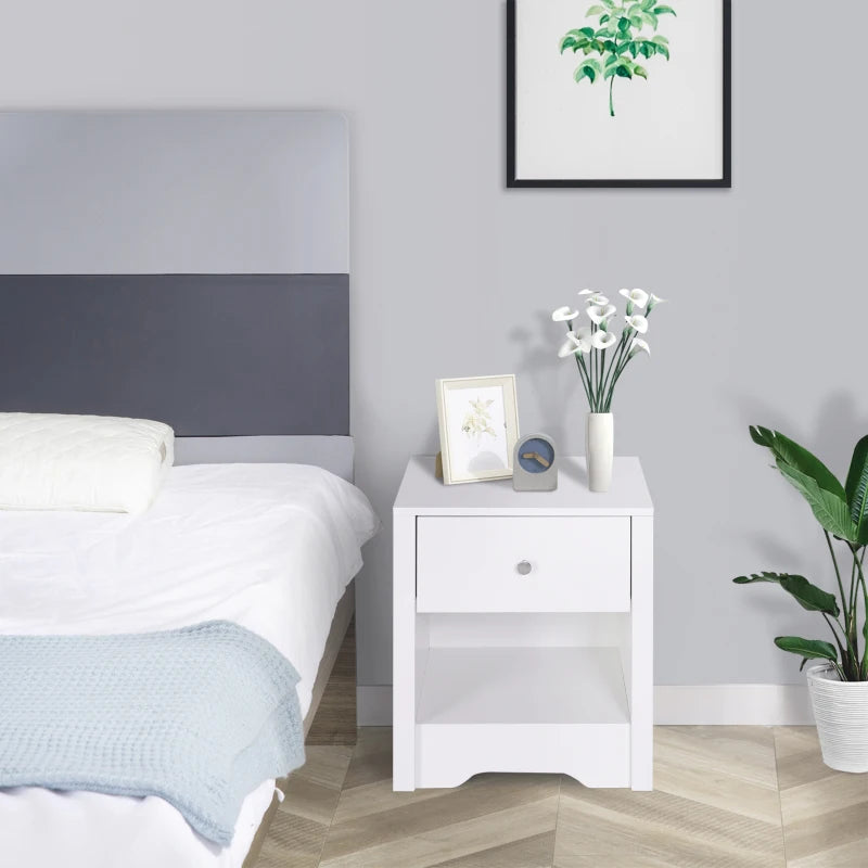 White Modern Bedside Table with Drawer Shelf