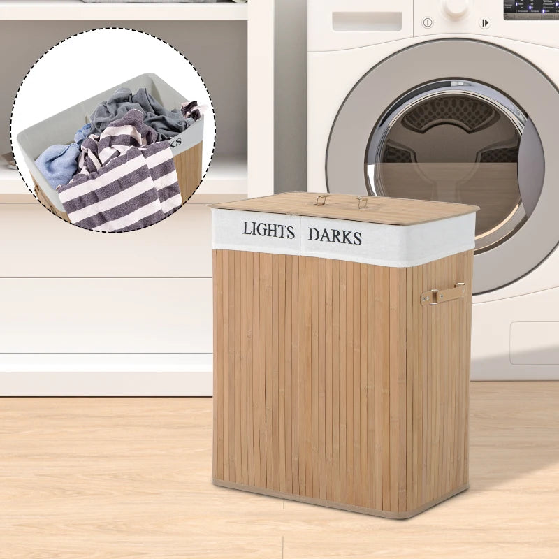 Wooden Laundry Hamper with Lid and Lining, Natural Wood, 100L Capacity