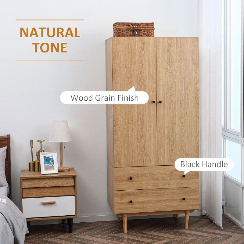 Natural Tone Wardrobe with 2 Doors, 2 Drawers, Hanging Rail - Bedroom Clothes Storage 80x52x180cm