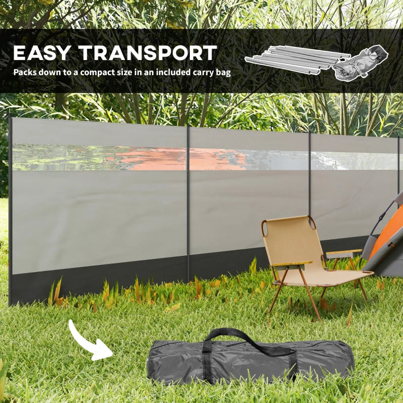 Grey Camping Windbreaker with Clear Windows, Carry Bag, Steel Poles - 725 x 140cm