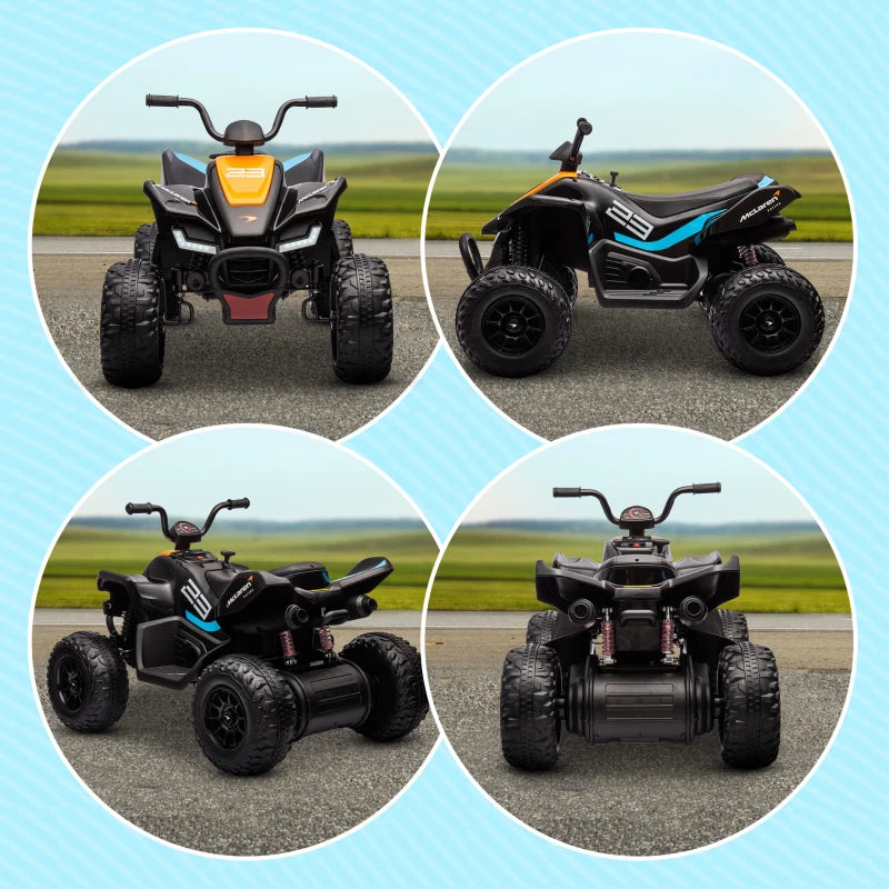 12V Black Quad Bike for Kids, Music, Headlights, MP3, Suspension Wheels - Ages 3-8