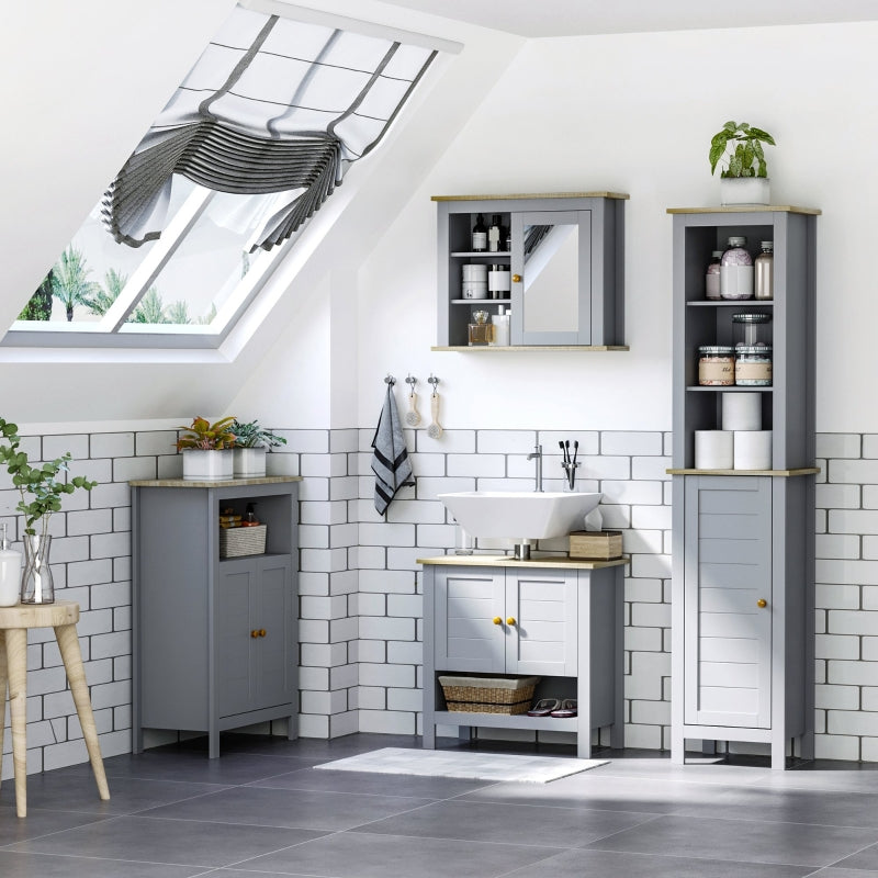 Grey Bathroom Storage Cabinet with 3 Tier Shelf and Cupboard