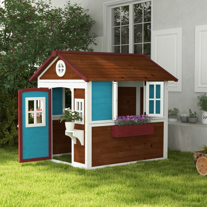 Kids Wooden Playhouse with Doors, Windows, Planters - Dark Brown