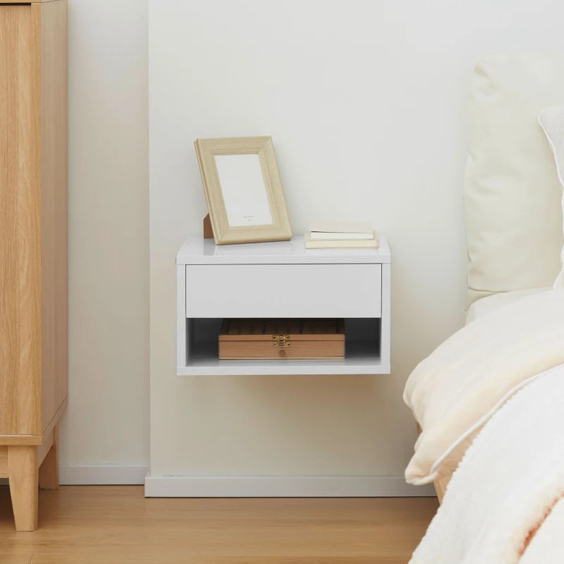 White Wall Mounted Bedside Table with Drawer and Shelf, 37 x 32 x 21cm