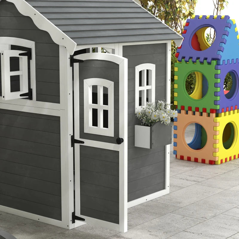 Grey Kids Wooden Playhouse with Doors, Windows, Plant Box - Ages 3-8