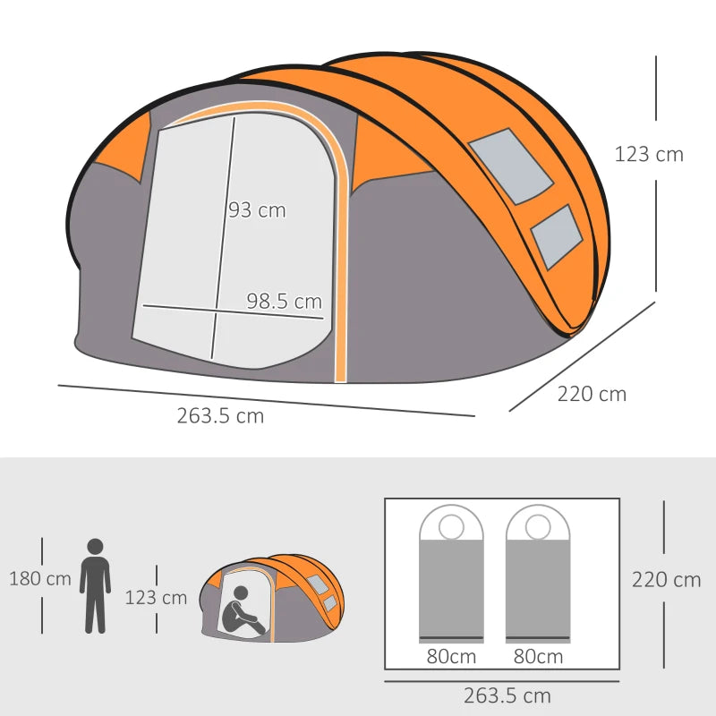 Orange 4-5 Person Pop-up Waterproof Camping Tent with Windows