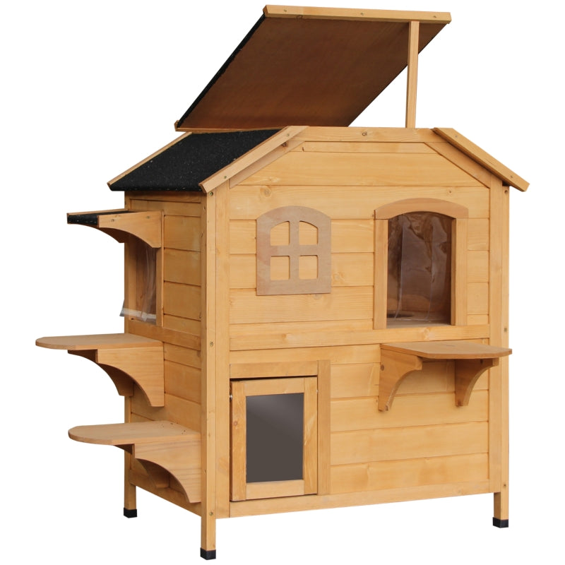 Wooden 2-Story Outdoor Cat House - Weatherproof, Natural Wood Finish