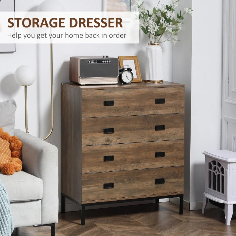 Brown 4-Drawer Metal Frame Storage Chest for Bedroom & Living Room