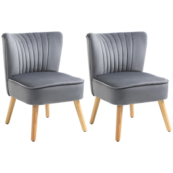 Grey Velvet Tub Accent Chairs Set of 2 - Curved Back, Wood Legs