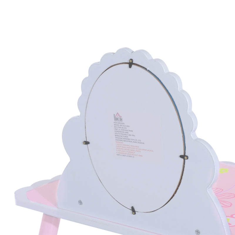 Kids Pink Wooden Dressing Table Set with Mirror & Stool