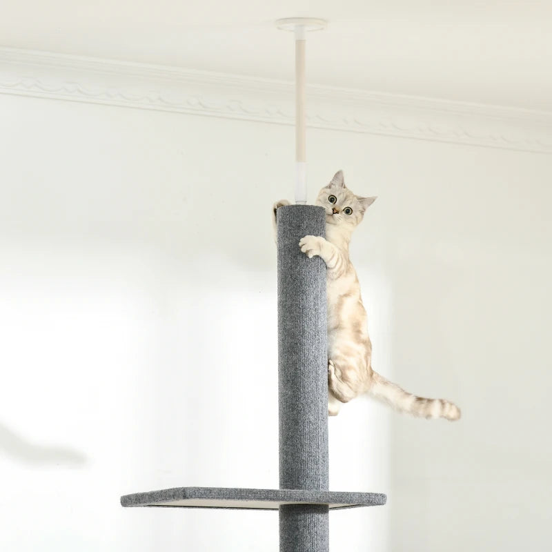 Grey 260cm Cat Tree with 3 Perches -  Floor-to-Ceiling Activity Center