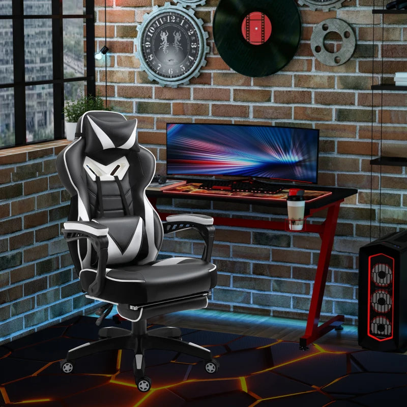 White Gaming Chair with Lumbar Support, Footrest, and Headrest