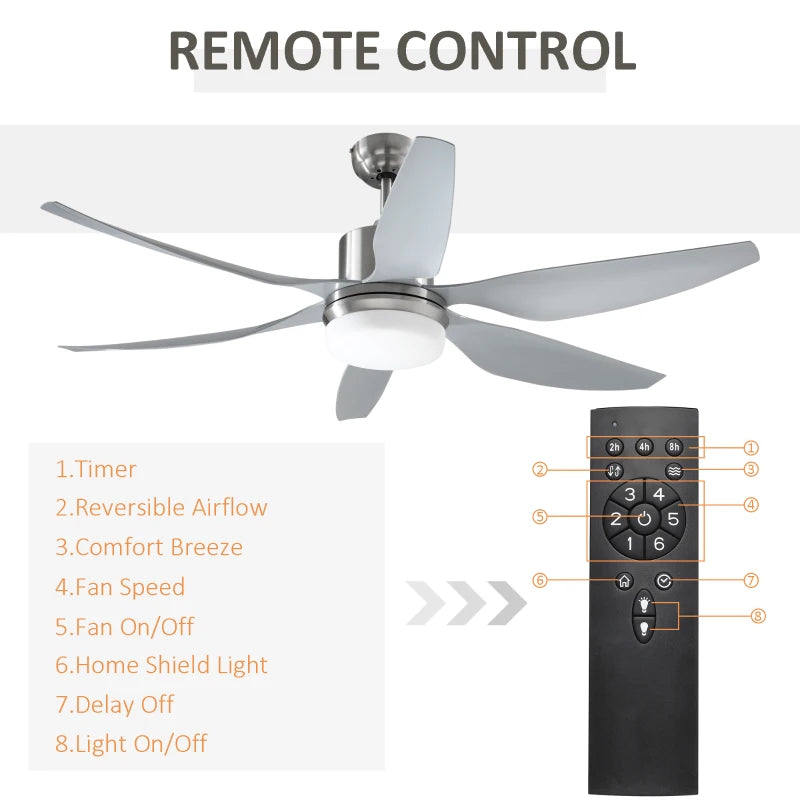 Silver Reversible Ceiling Fan with Light, 6 Blades Indoor Modern LED Remote Control