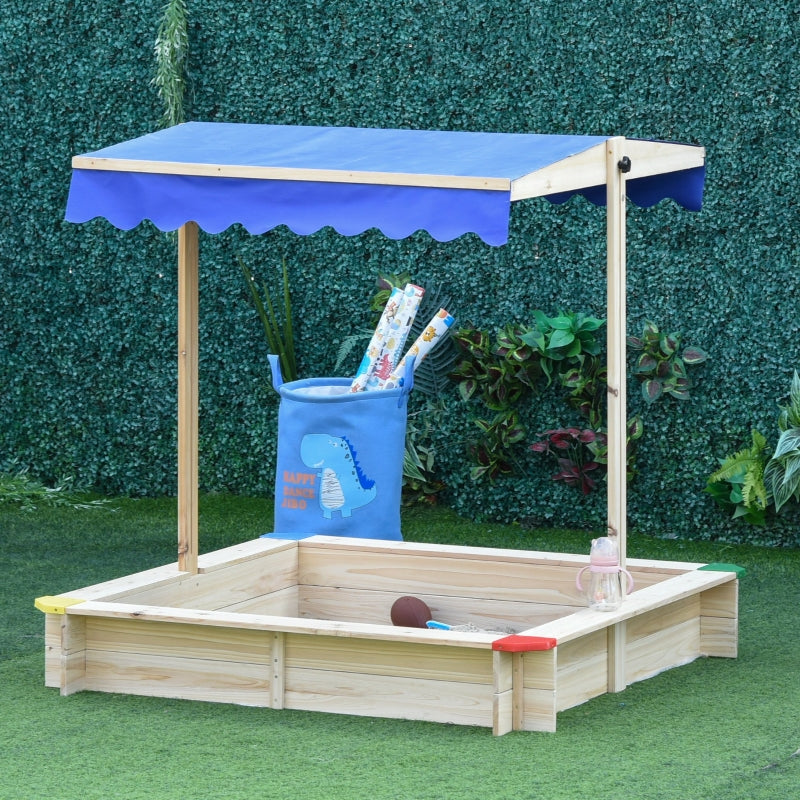 Kids Square Wooden Sand Pit with Canopy Bench Seat - Blue