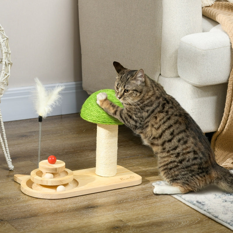 Cat Scratching Post with Toy Balls and Feather - Natural Tone