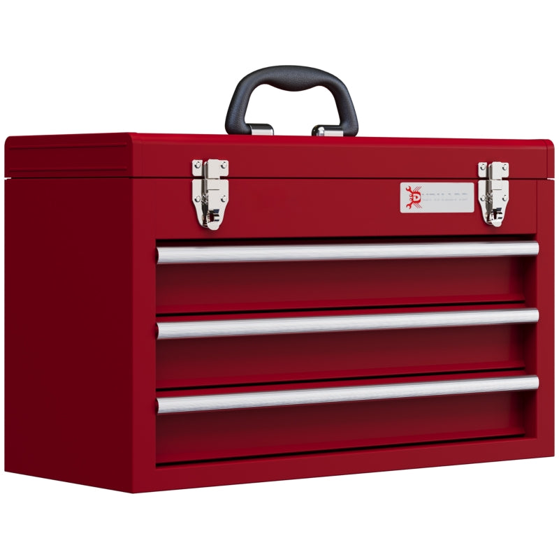 Red 3-Drawer Lockable Metal Tool Box with Handle and Ball Bearing Runners