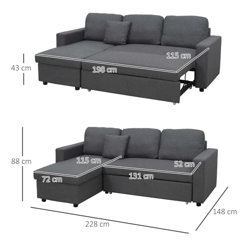 Grey 3 Seater Corner Sofa Bed with Storage and Chaise Lounge