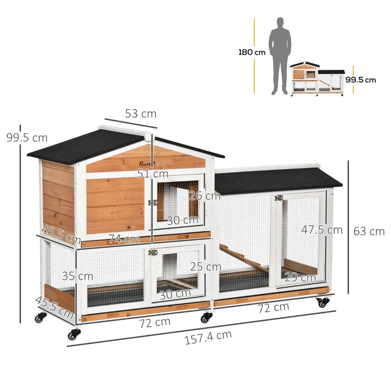 Yellow 2-Tier Rabbit Hutch with Run and Wheels - 157.4 x 53 x 99.5 cm