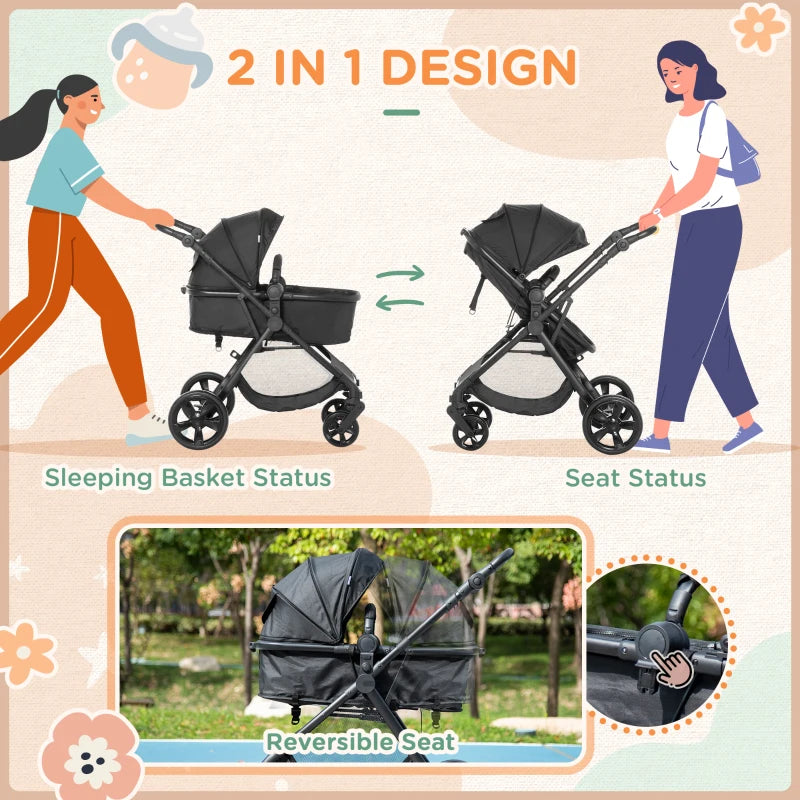 Black Foldable Baby Stroller with Reclining Backrest and Adjustable Canopy