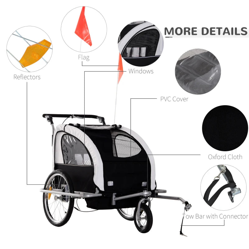 2-Seater Bike Trailer Baby Child Carrier Steel Frame Black White