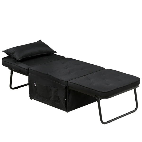Black Fabric Folding Sleeper Chair with Adjustable Backrest and Side Pockets