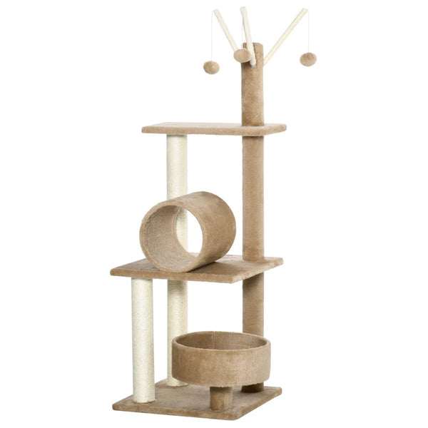 Brown Cat Tree Tower with Scratching Post & Toys - 121cm