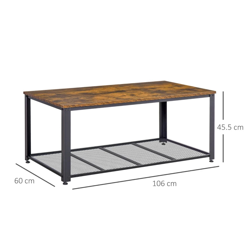 Rustic Brown Industrial Coffee Table with Mesh Shelf