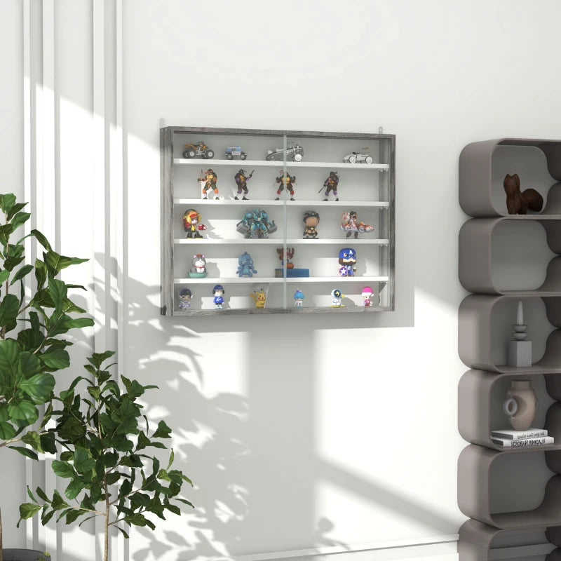 Grey Wood Grain 5-Tier Wall Display Cabinet with Glass Doors - 60x80cm