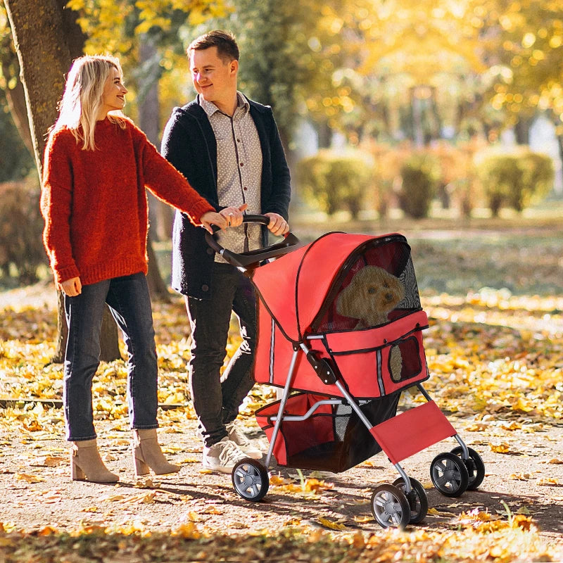 Red Pet Stroller for Small Pets - Foldable Travel Carriage with Wheels