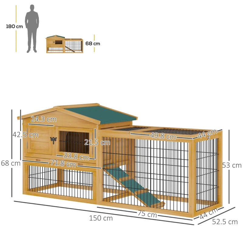 Yellow Outdoor Rabbit Hutch with Run, 2-Level Design, Water-Resistant Roof - 150 x 52.5 x 68 cm