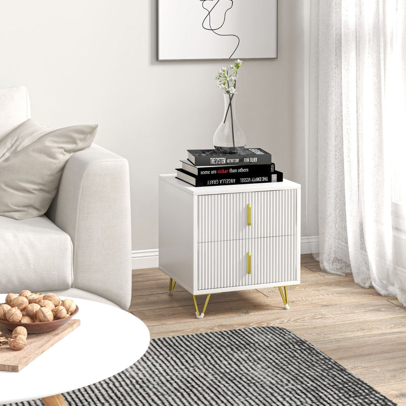 White 2-Drawer Metal Frame Bedside Table With Gold Legs