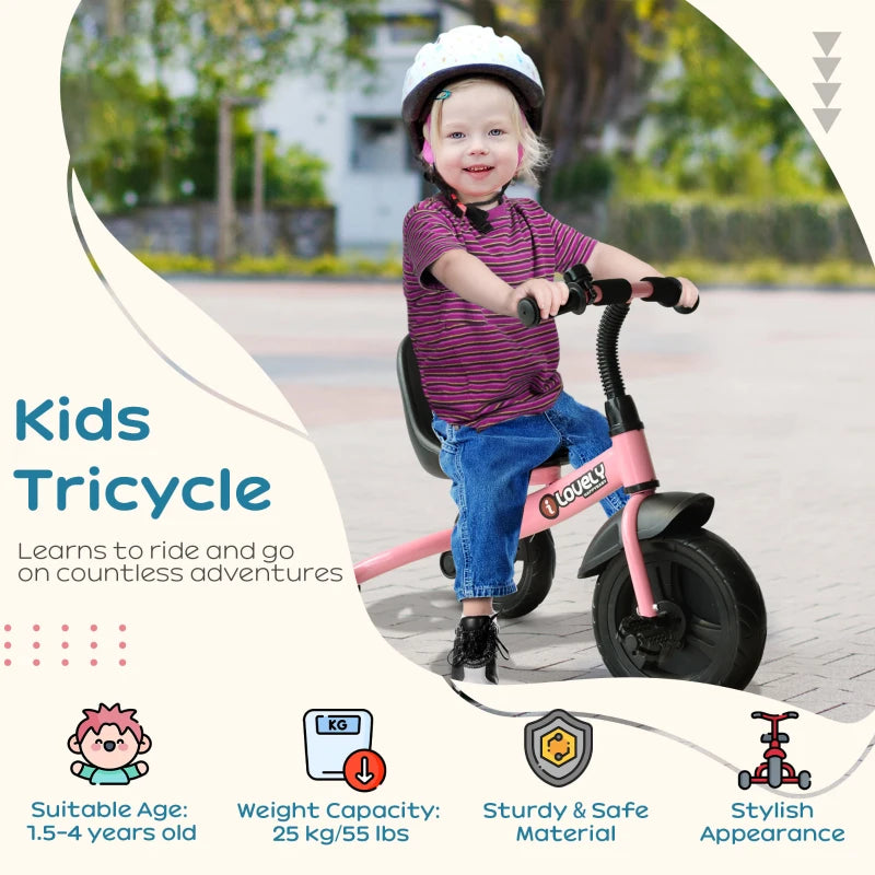 Kids Pink 3-Wheel Toddler Tricycle for Ages 1.5-4