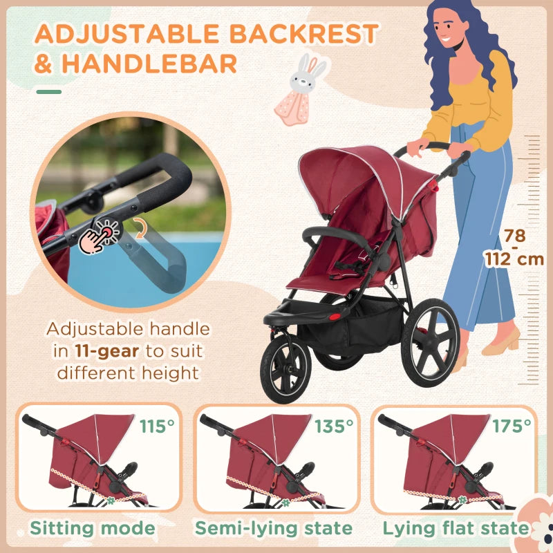 Red Foldable 3-Wheel Baby Stroller with Canopy and Storage Basket