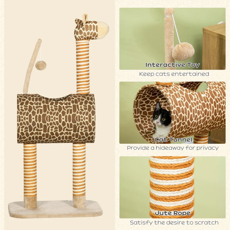 Cat Tree Play Tower with Scratching Posts and Toys, Giraffe Design, 48.5 x 34.5 x 101 cm