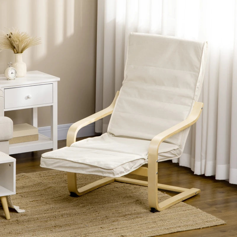 Wooden Deck Lounging Chair with Adjustable Footrest & Cushion, Cream White