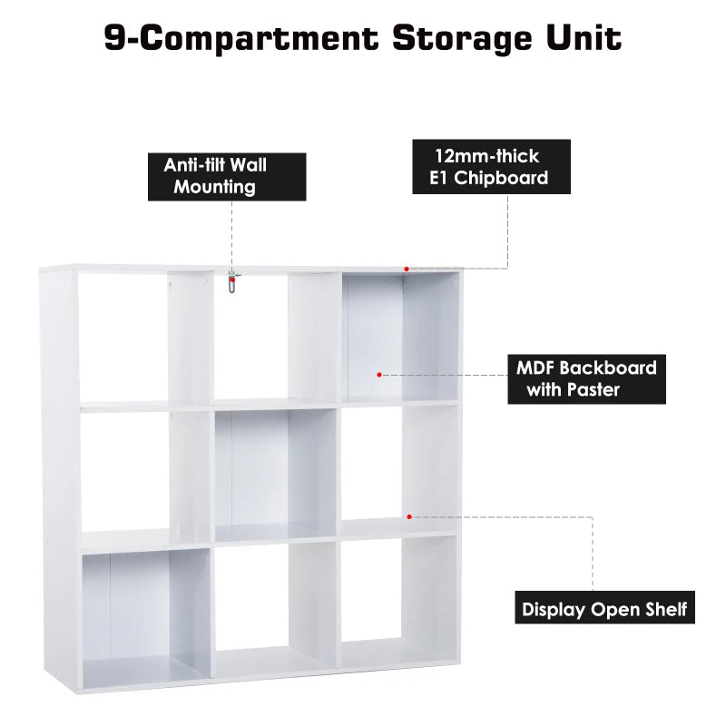 White Wooden 9 Cube Storage Unit with 3 Tier Bookcase Shelves