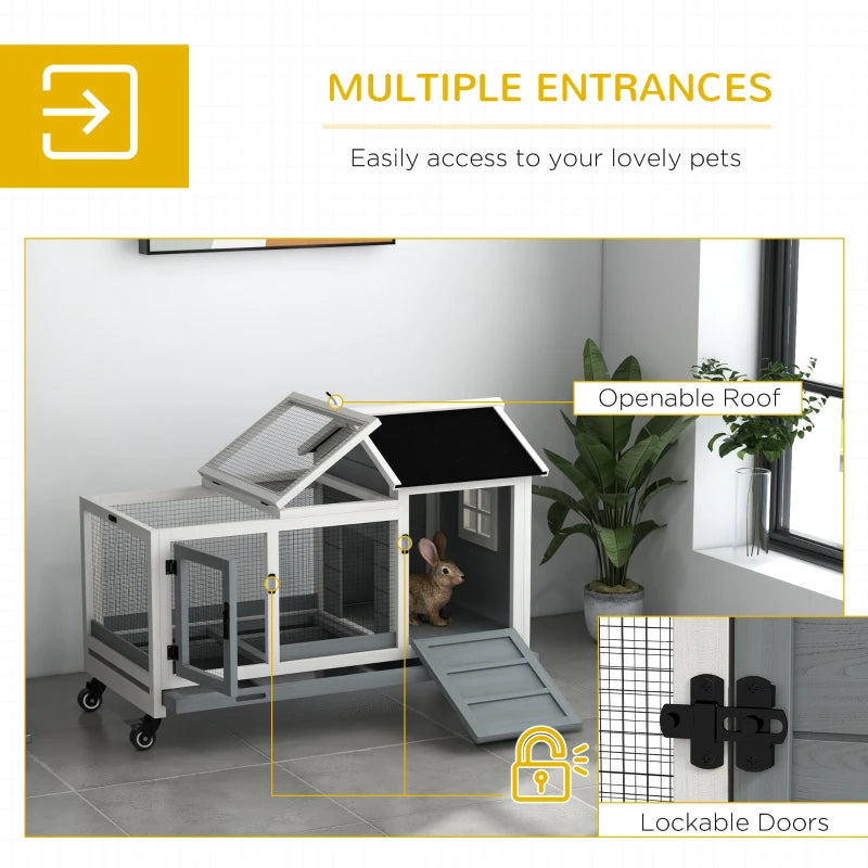 Grey Wooden Rabbit Hutch with Removable Tray and Wheels