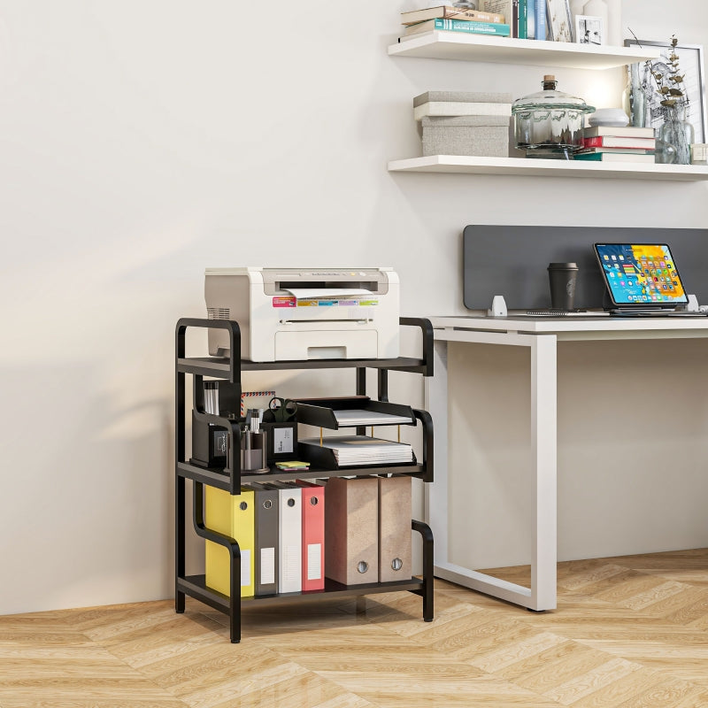 Black 3-Tier Printer Stand with Storage Shelves, 55 x 40 x 77cm - Home Office Printer Table