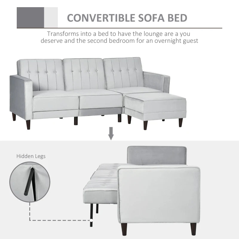 Light Grey L-Shaped Sofa Bed Set with 3-Seater Sofa and Footstool