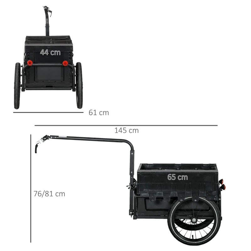 Black Steel Bike Cargo Trailer with 65L Storage Box, Reflectors - 40KG Capacity