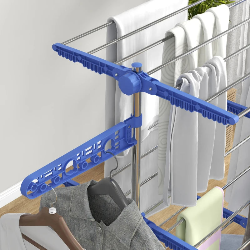 Blue Folding Clothes Drying Rack with Side Arms and Wheels