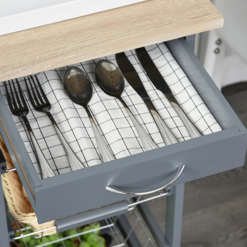 Grey Rolling Kitchen Cart with 4 Basket Drawers & Side Racks